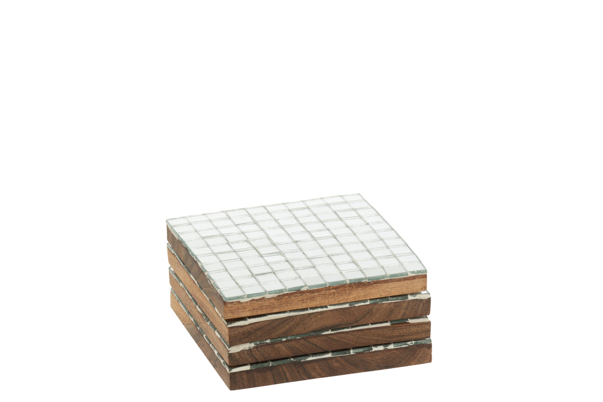 J-Line onderzetter Mozaïek - hout - zilver - doos van 4