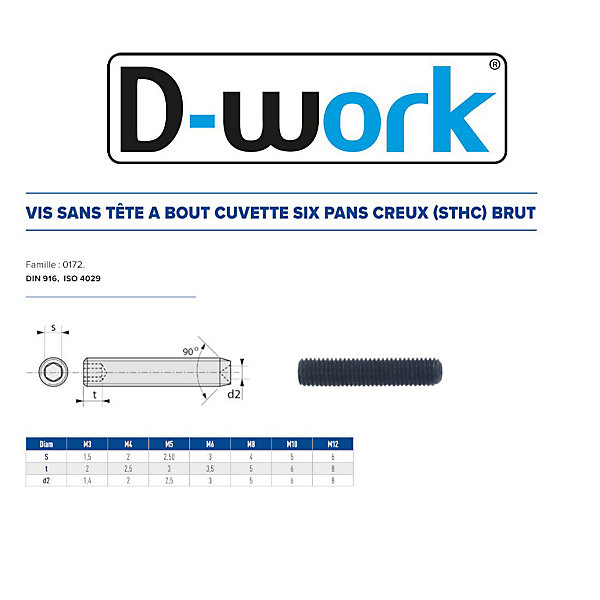 200 Vis Sans Tête 6 Pans Creux à Bout Cuvette STHC 3 x 3 mm - DIN 916 - 45H - Brut - D-Work