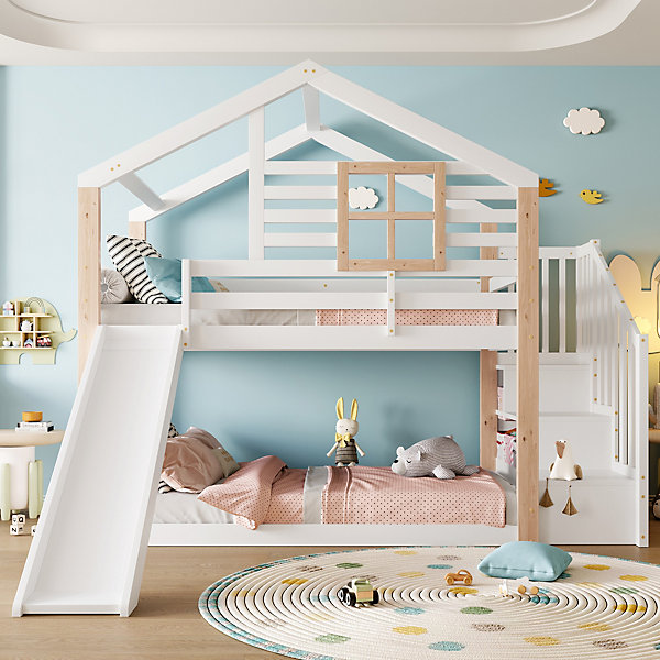 Lit superposé 90 x 200 cm pour enfants avec toboggan et escalier, style scandinave en bois massif, avec garde-corps et rangements