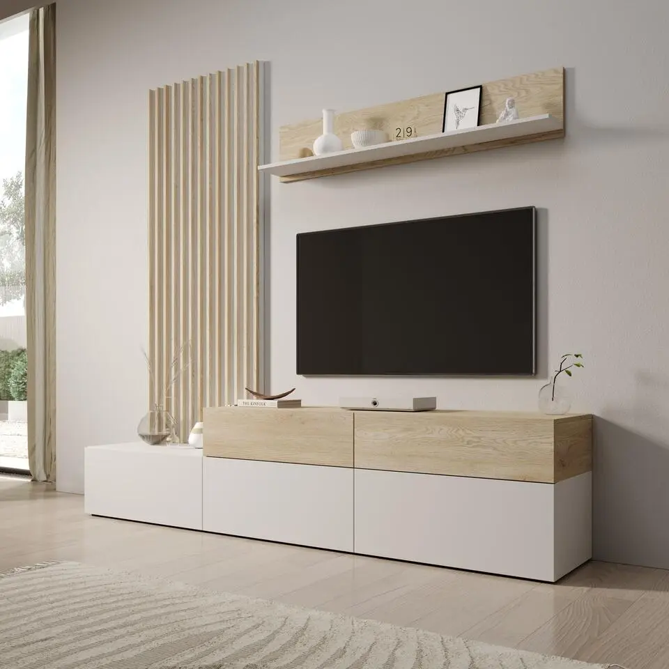 Meubella - Nobu - Wandmeubel - Wit/Eikenpatroon - 225x40x209 cm