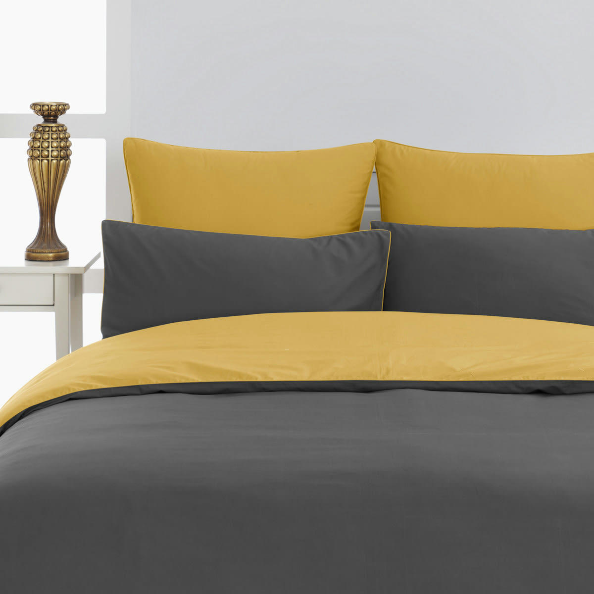 DOZMARY - Housse de couette bicolore en percale Anthracite/Safran 260x240 cm