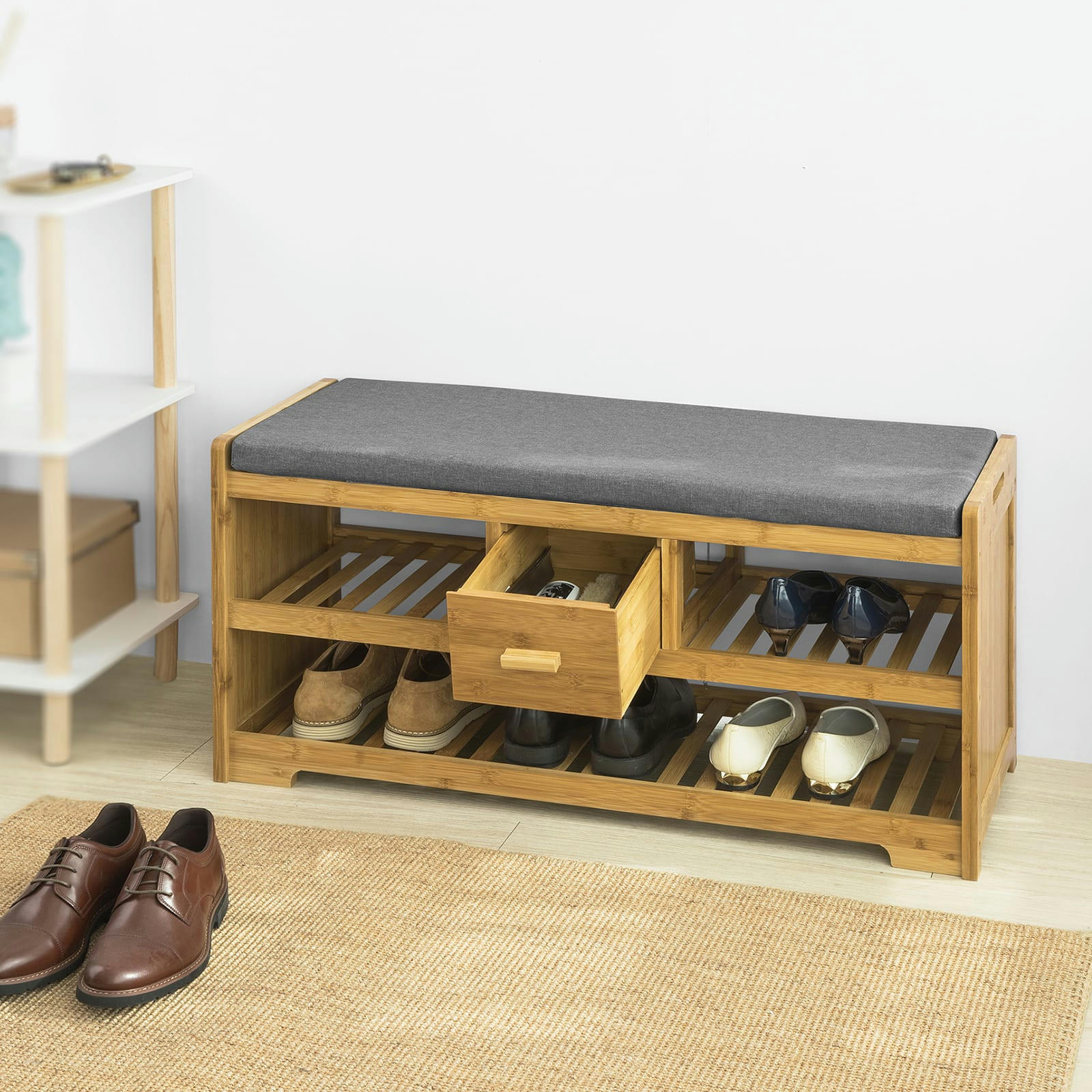 - Étagère à chaussures avec tiroir, banquette effet bois naturel
