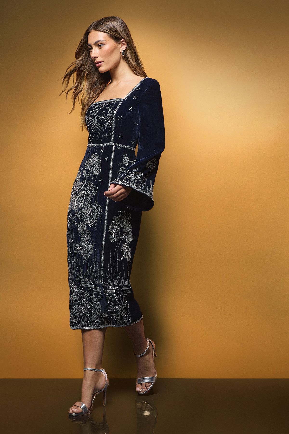 Coast Square Neck Celestial Embellished Velvet Midi Party Dress