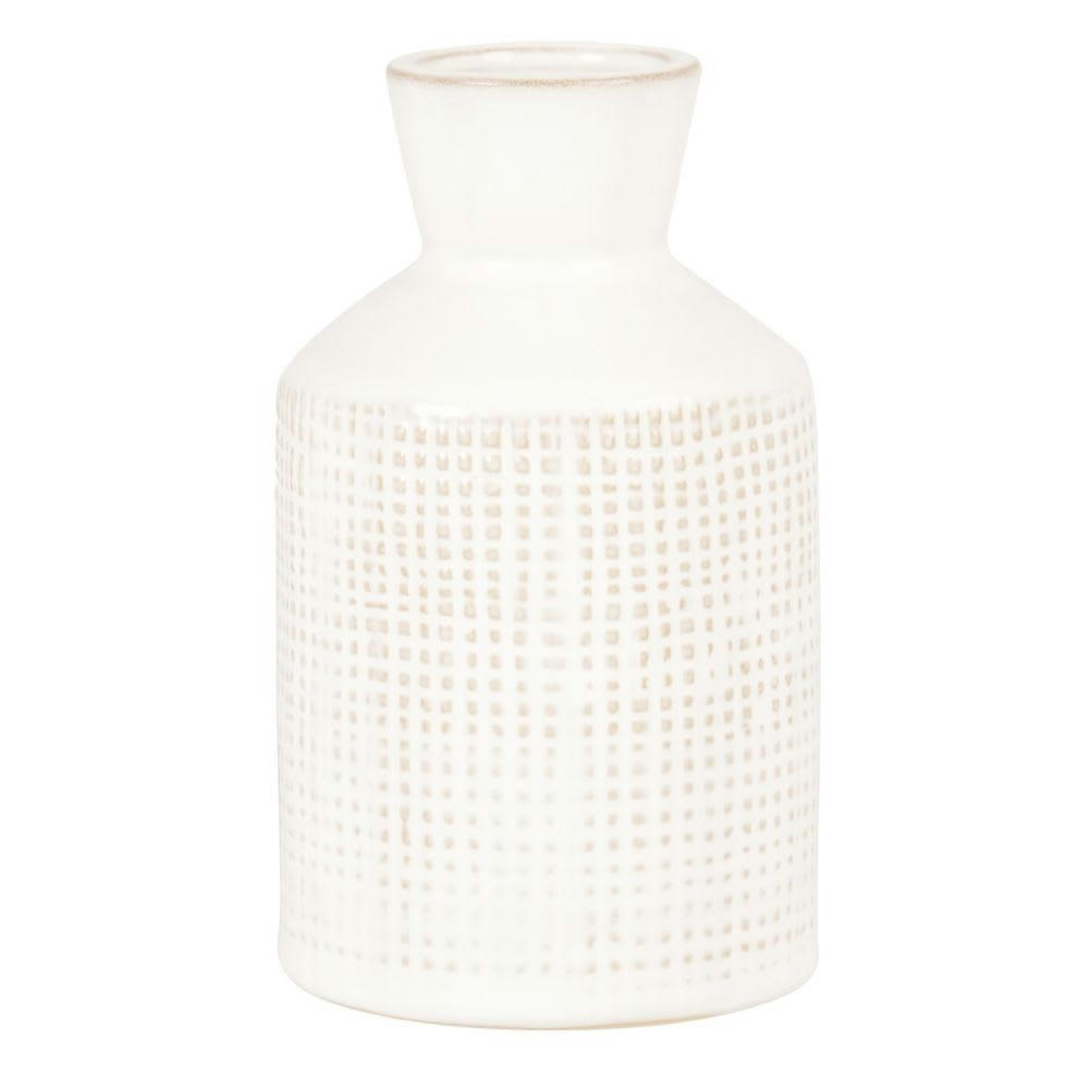 - Vase en grès blanc motif quadrillé beige H13