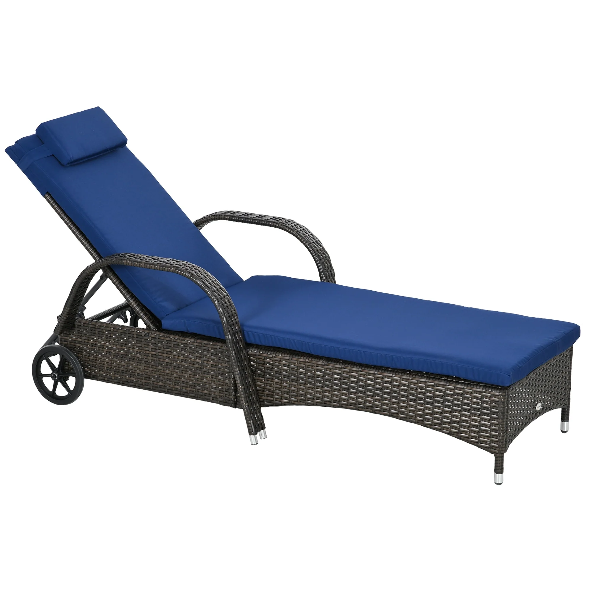 Outsunny Wicker Outdoor Chaise Lounge, 5-Level Adjustable Backrest PE Rattan Pool Lounge Chair with Wheels, Cushion & Headrest