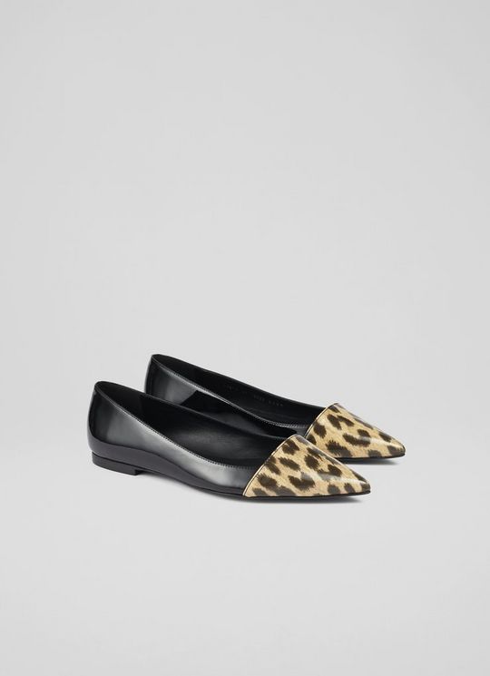 Murphy Leopard Vinyl and Black Patent Pointed Flats