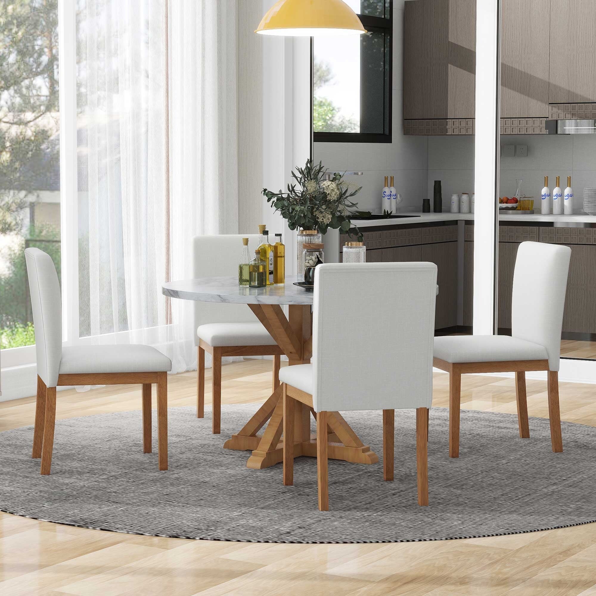 5-Piece Wooden Dining Table Set with Faux Marble Top & 4 Chairs