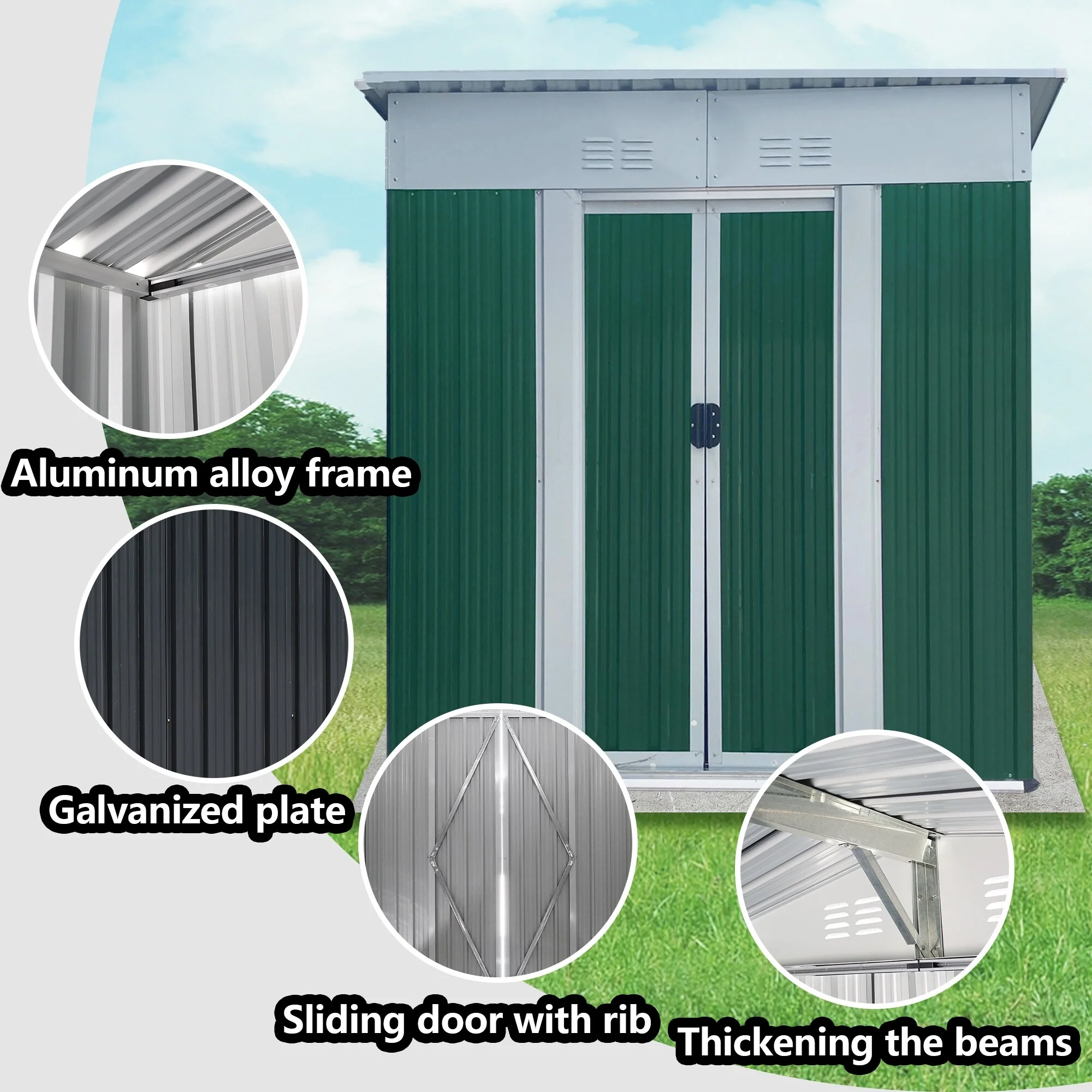 5X3 Feet Small Mini Outdoor Storage Sheds Pent Roof With Aluminum Alloy Frame And Sliding Door