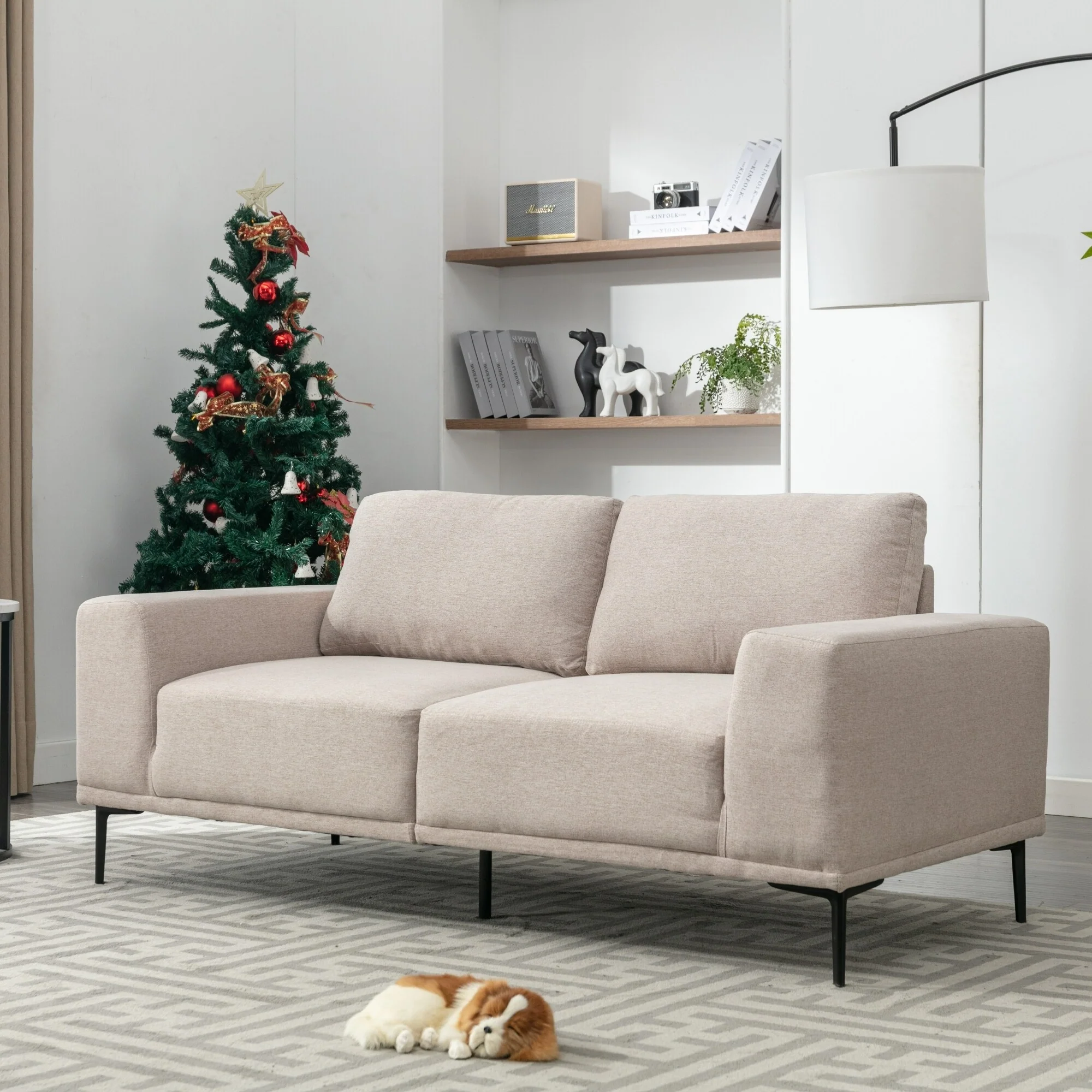 Beige 74.8'' Modern Fabric 2-Seater Sofa with Iron Legs and Comfortable Cushions