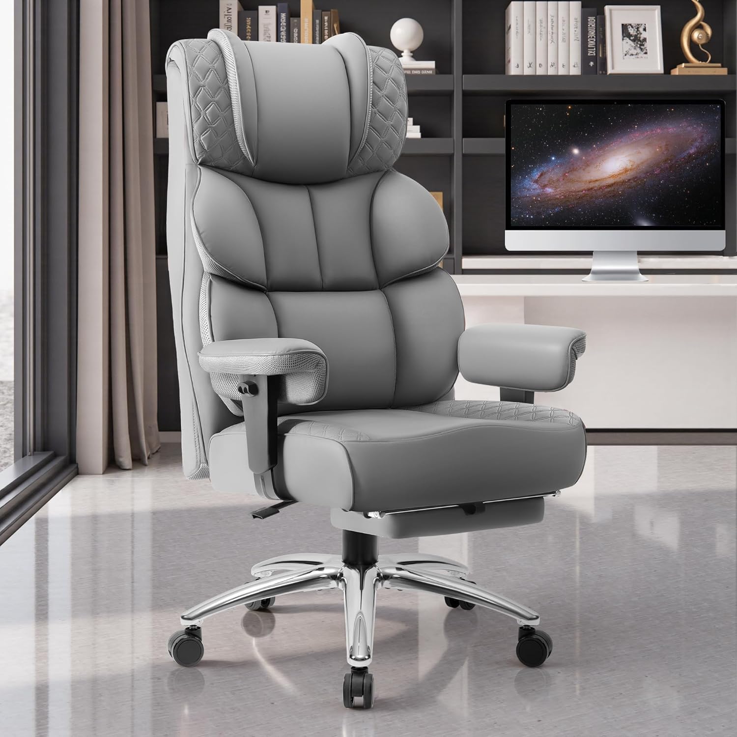 BestGlory Office Desk Chair, Big and Tall Leather Gaming Chair with Footrest, Wide Ergonomic Comfy Executive High-Back Reclining Computer Chairs, Swivel Rolling Wheels and Padded Lumbar Support, Gray