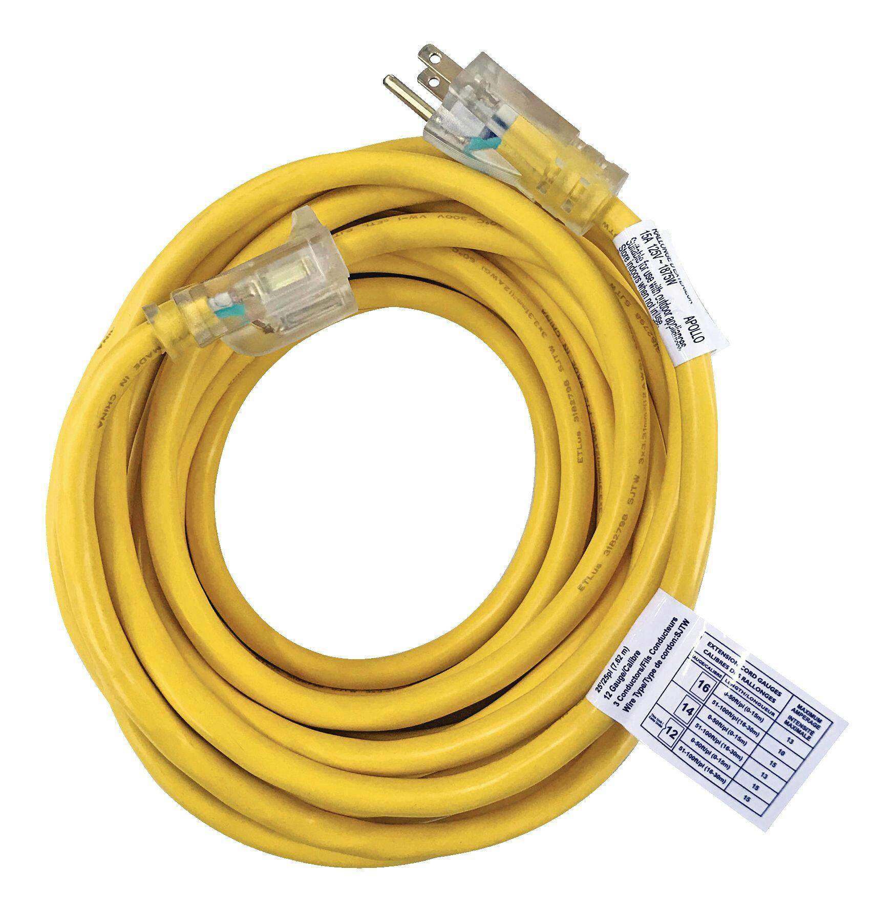 Mastercraft Outdoor Extension Cord with Grounded Outlet and Lighted End, Yellow