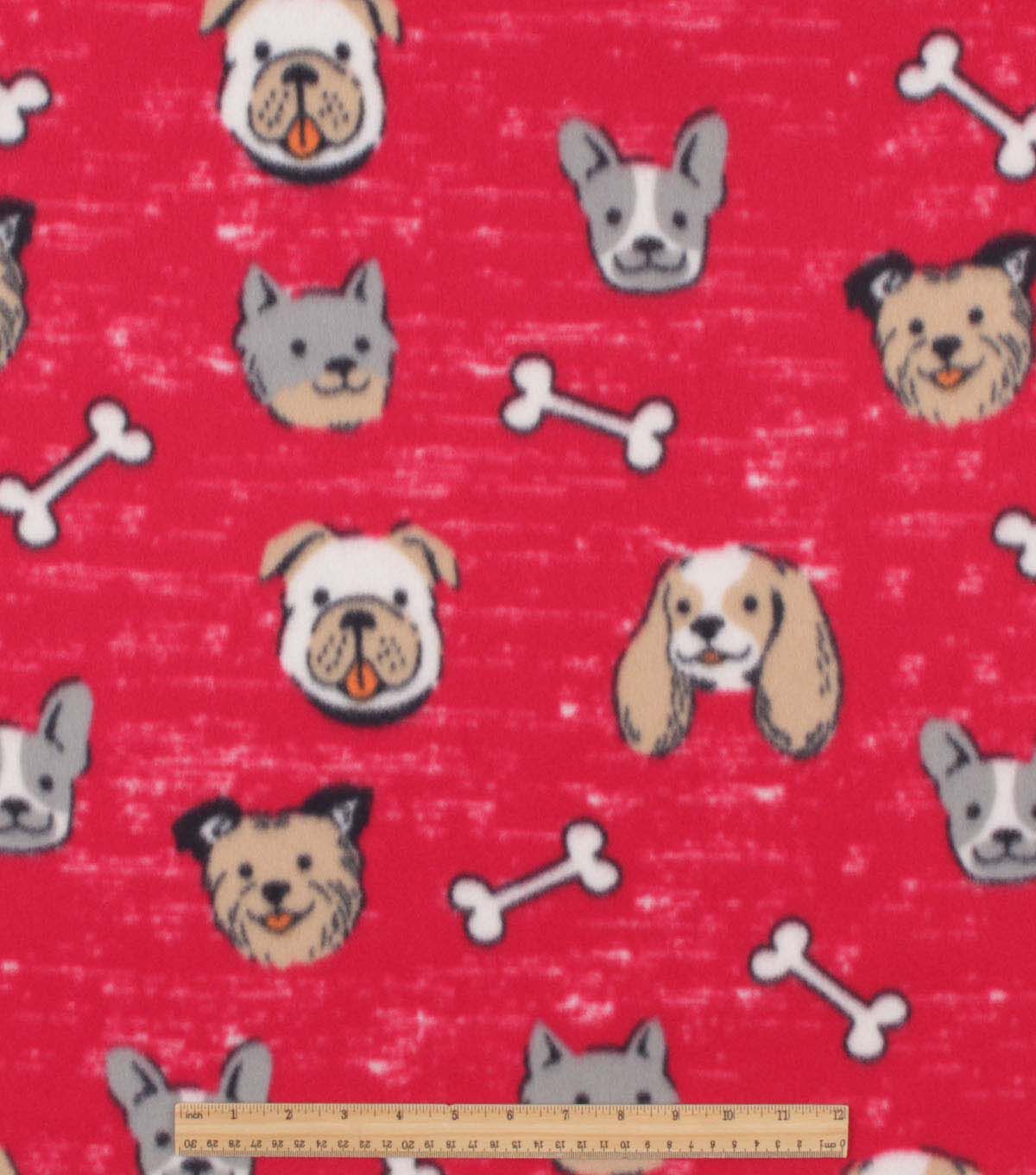 Dog Faces With Bones on Red Blizzard Fleece Fabric