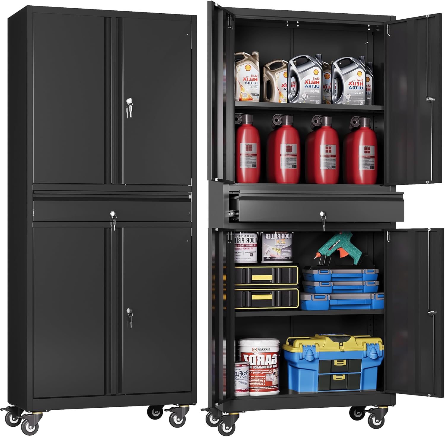 DEVAISE Metal Garage Storage Cabinet with Locking Doors and Drawer,71 Tool Cabinet with Adjustable Shelves & Wheels, 71 Steel Cabinet for Garage, Warehouse (Black)