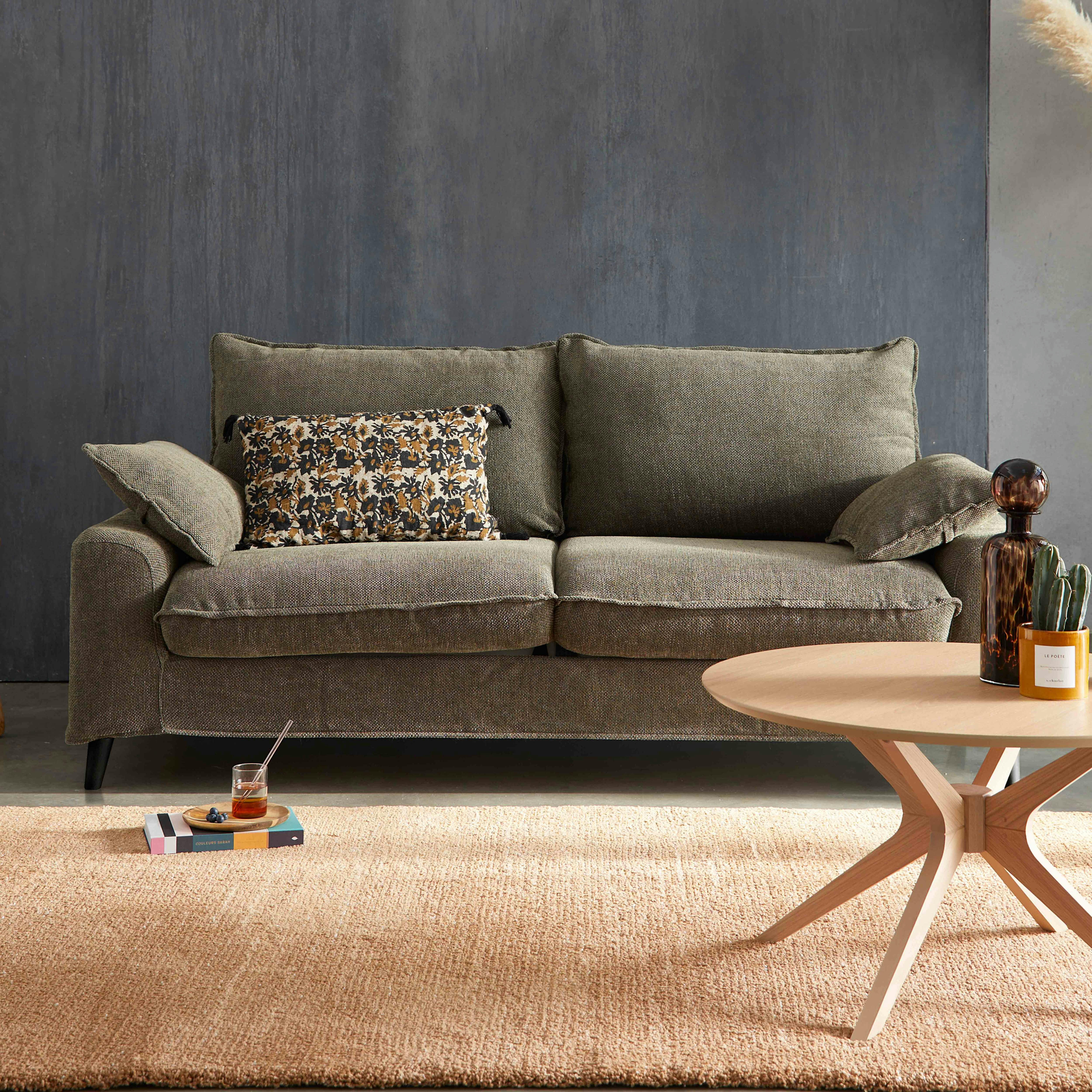 JAROD - Canapé convertible en tissu chiné 3 places vert kaki