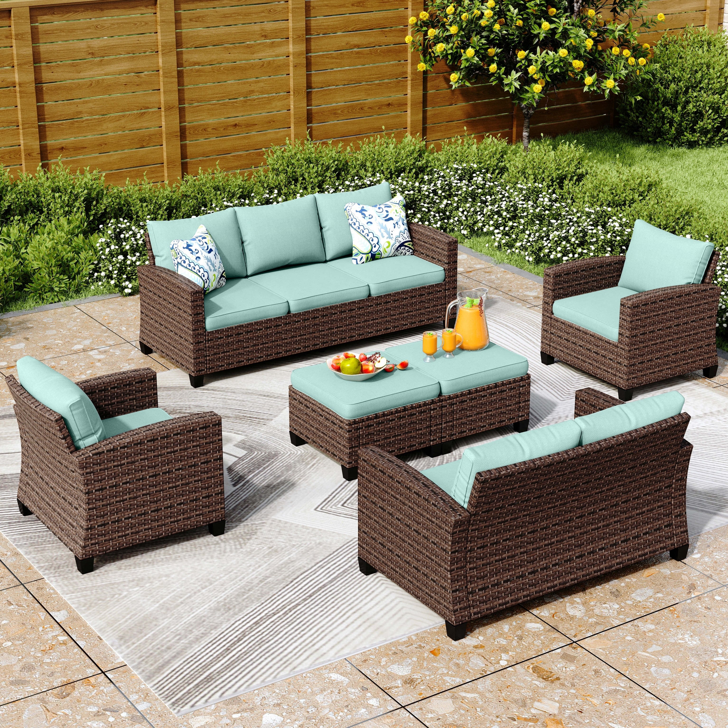 9-Seat Patio Furniture Wicker Rattan Outdoor High-back Sectional Sofa Conversation Set with Firepit Table