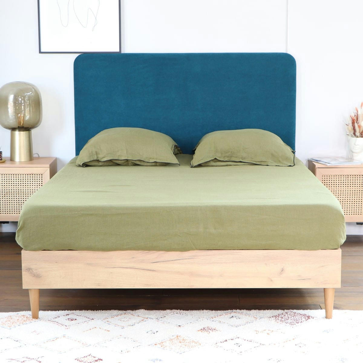 - Tête de lit en velours bleu canard 140 cm