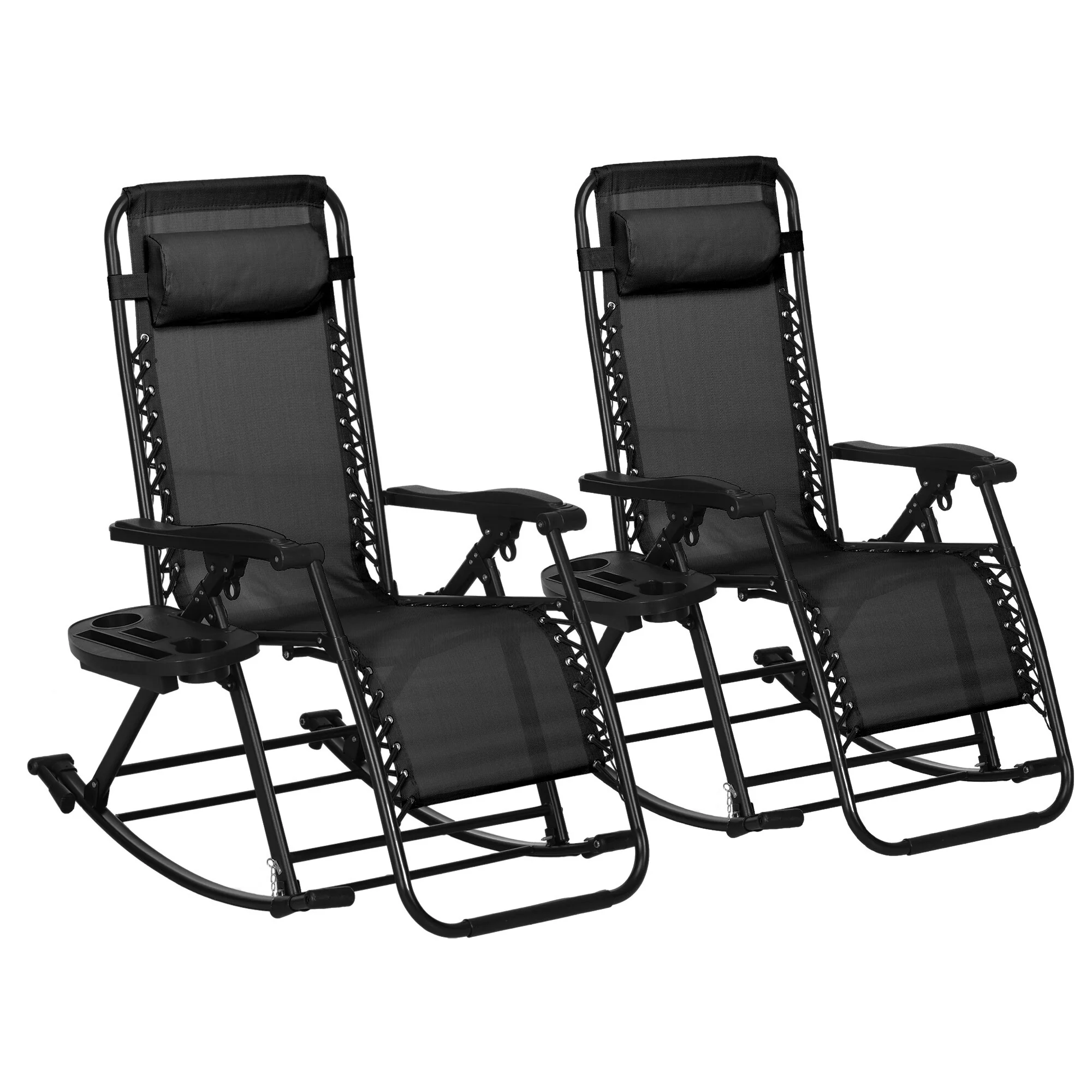 2 Pieces Folding Chaise Lounge Chair with Cup Holder Tray & Footrest, Outdoor Water-proof Reclining Rocking Chair