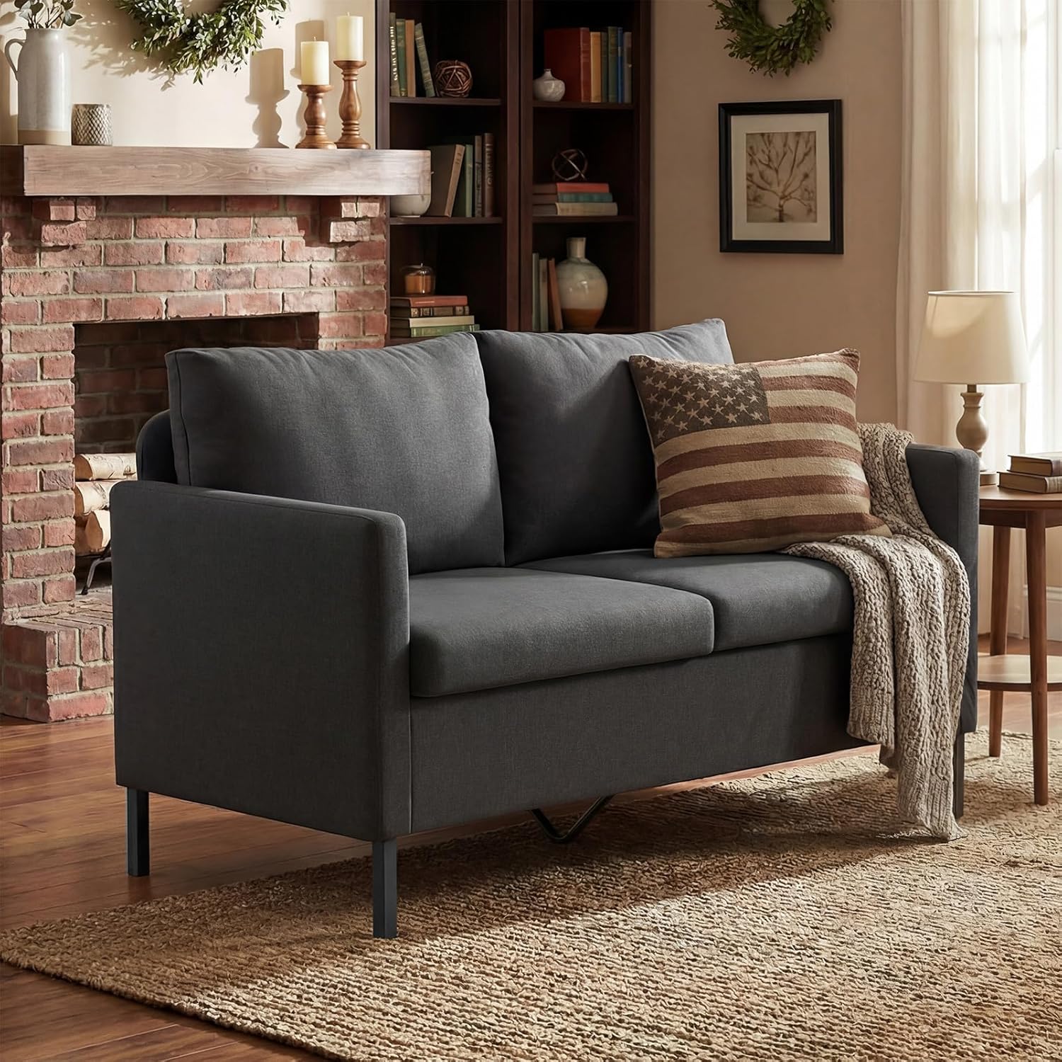 TYBOATLE Linen Fabric Modern Small Loveseat Sofa Couch for Living Room, 51 W Little Upholstered 2-Seater Mini Love Seats w/Iron Legs for Small Space, Apartment, Bedroom, Dorm, Office (Dark Grey)