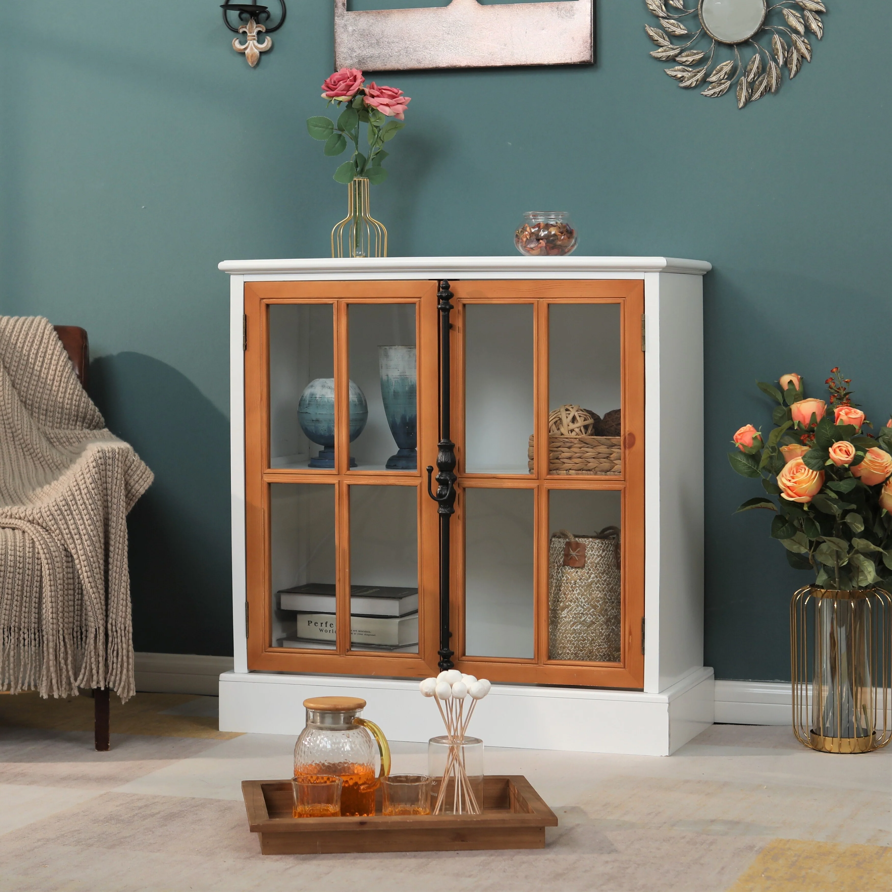 Sideboard Buffet Cabinet, Accent Wood Display Storage Cabinet with Glass Double Doors and Adjustable Shelves