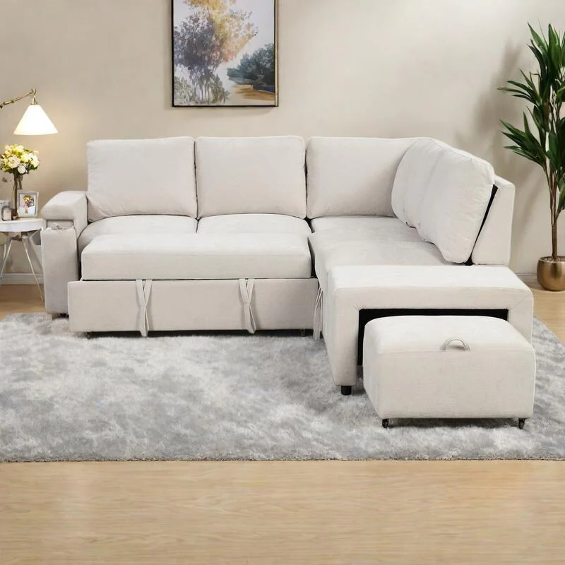 90.6Polyester L-Shaped Modular 5-Seater Sofa with Storage Space, USB Ports, Cup Holders, and Removable Ottoman