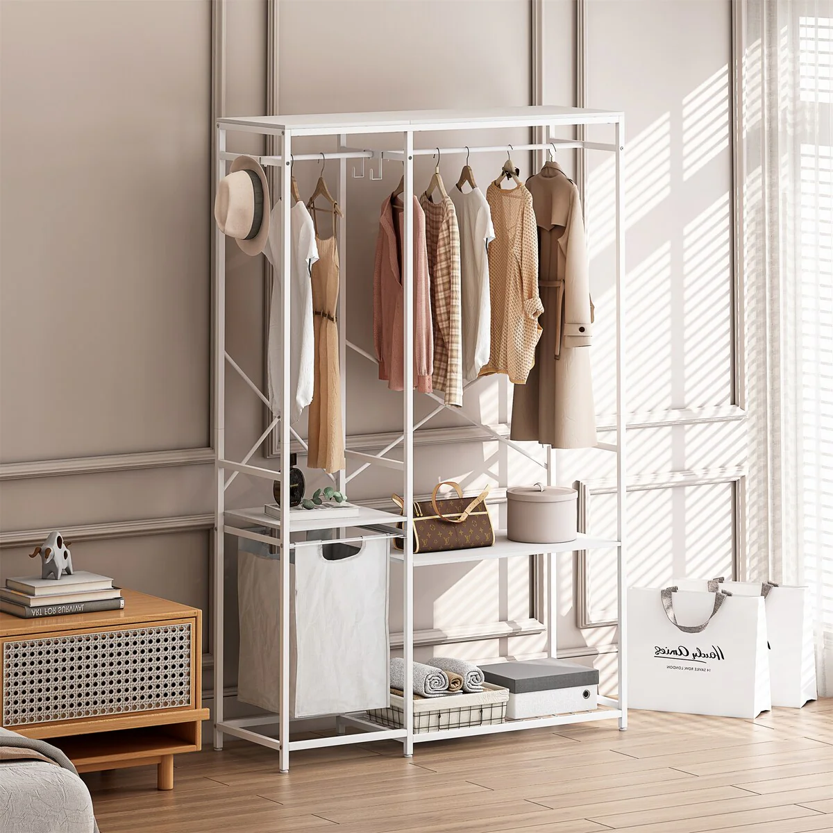 Freestanding Clothing Rack with Bottom Mesh Storage Rack