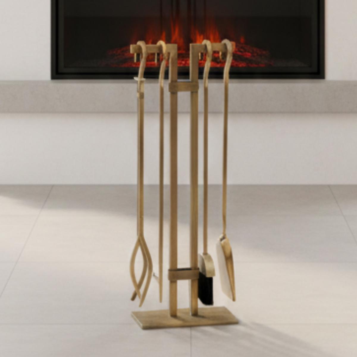 Antique Brass Finish Fireplace Tool Set – 5-Piece Modern Hearth Tools with Stand, 32” Tall, Luxury Fireplace Accessories Indoor Fireplaces