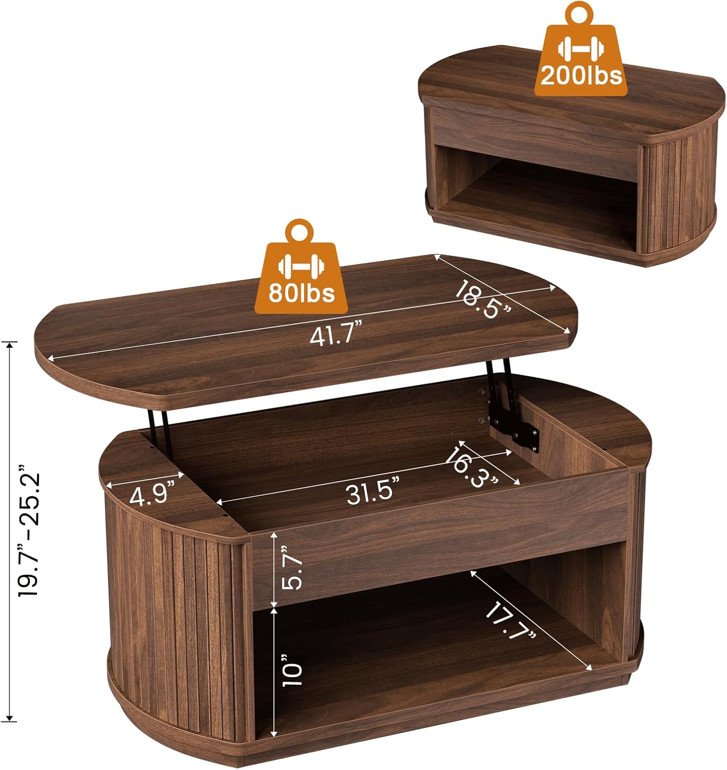 FABATO Oval Lift Top Coffee Table with Storage, Mid Century Modern Coffee Table for Living Room, 2 Tier Center Table with Lift-Top, 41.7 Fluted Wood Table for Reception Room, Home Office, Walnut