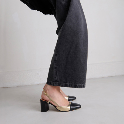 Slingbacks à talonsen cuir noir et platine | DHAPOP