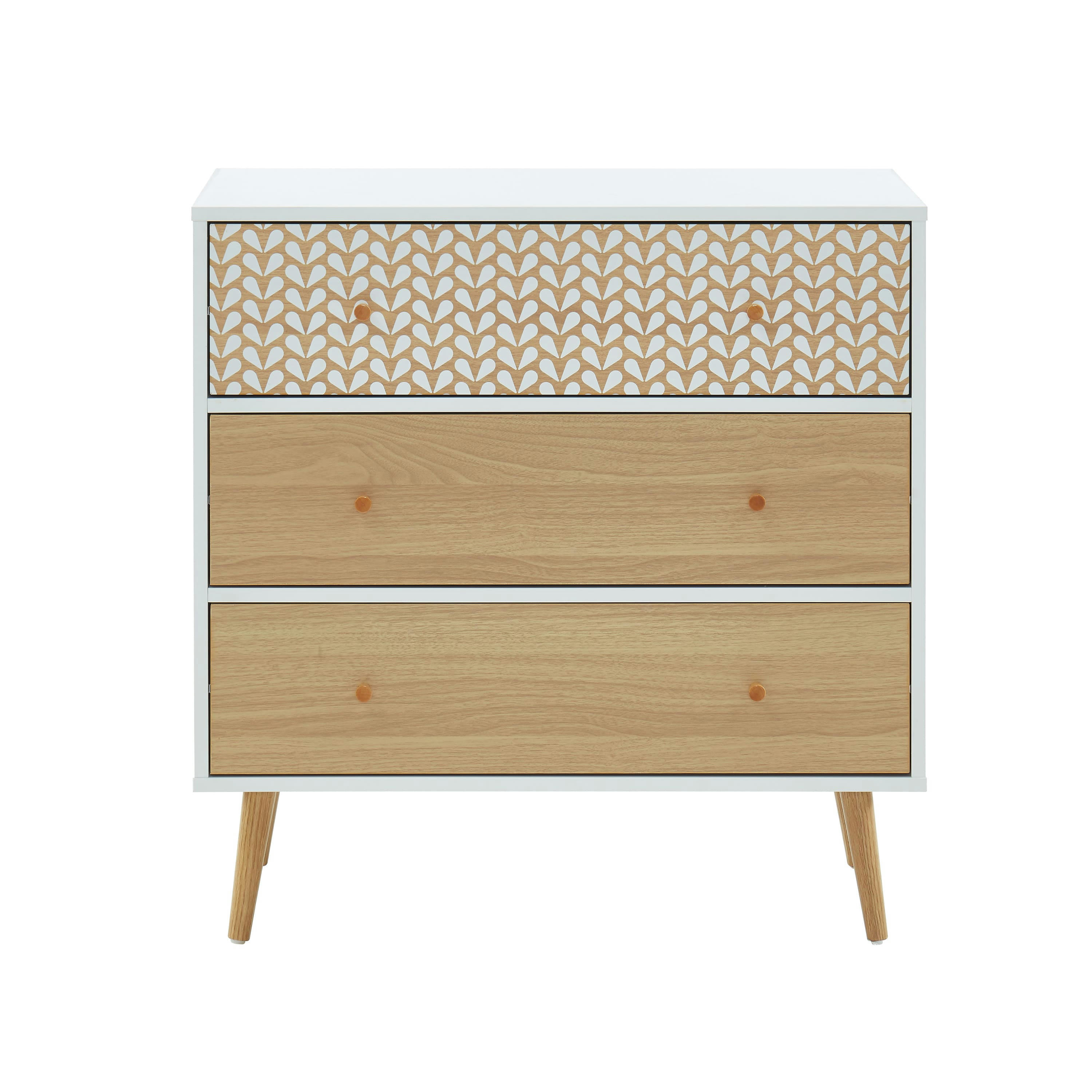 CAPUCINE - Commode   blanc et effet bois et chêne 3 tiroirs 78cm
