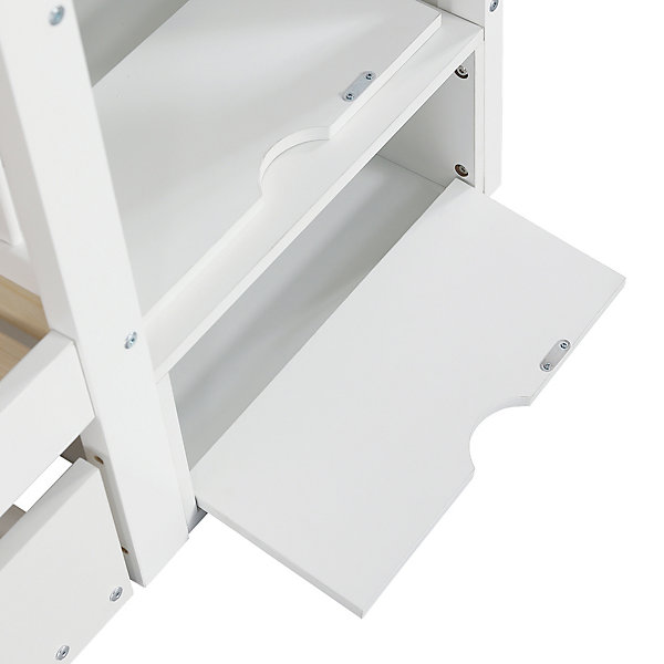 Lit superposé avec lit roulant, sécurité, échelle, cadre bois, 90x200,190cm, blanc