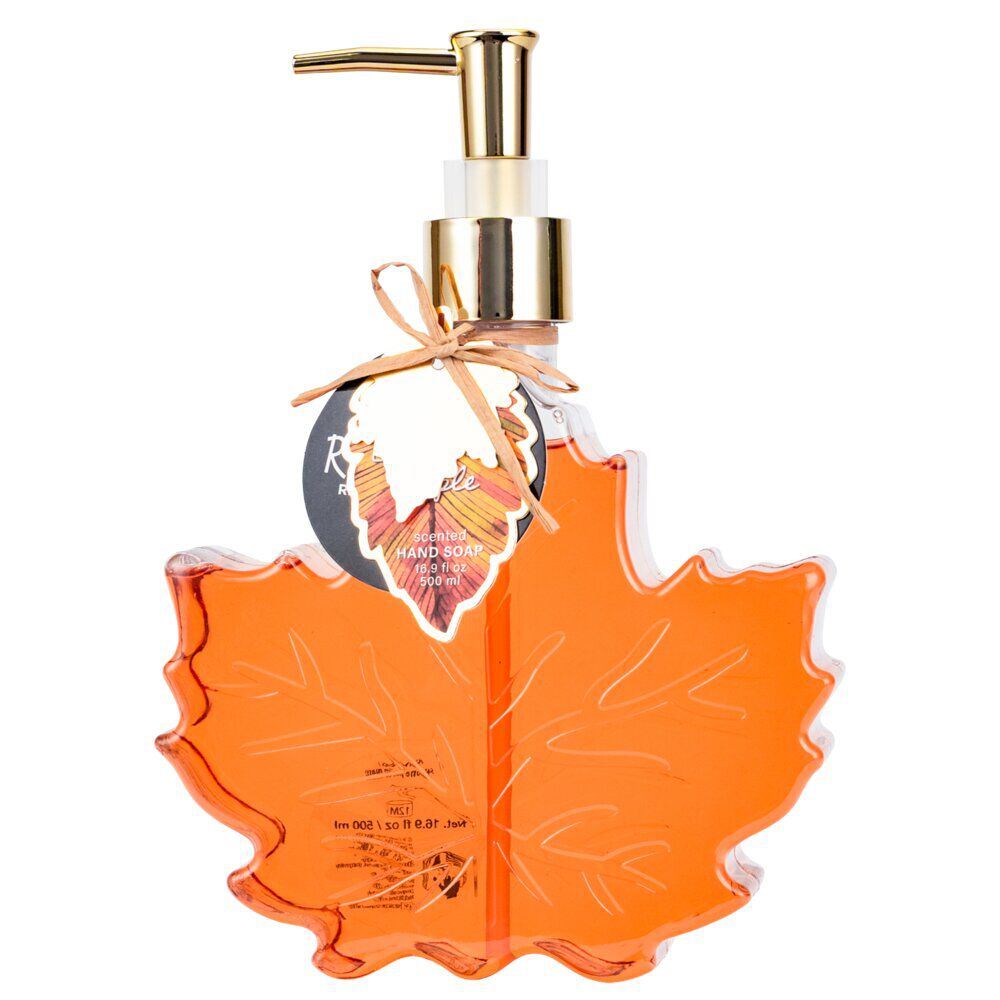 Savon liquide mains Halloween 500ml feuille érable pompe plastique orange H16cm