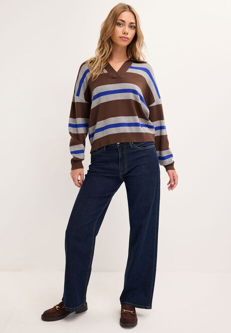 Womens Brown Stripe Collar Jumper