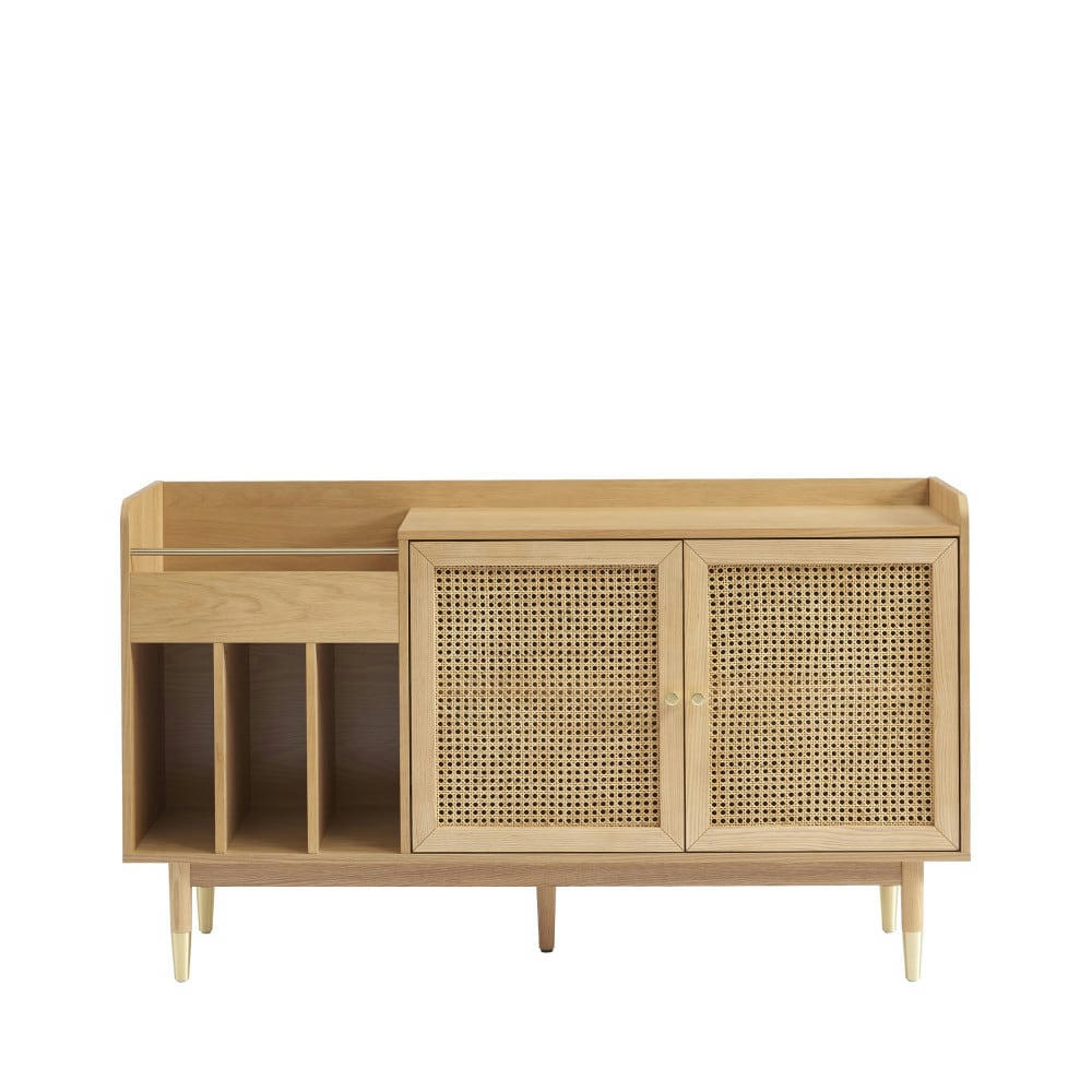 BOMBONG - Buffet avec rangement pour vinyles en bois et cannage L140cm bois clai