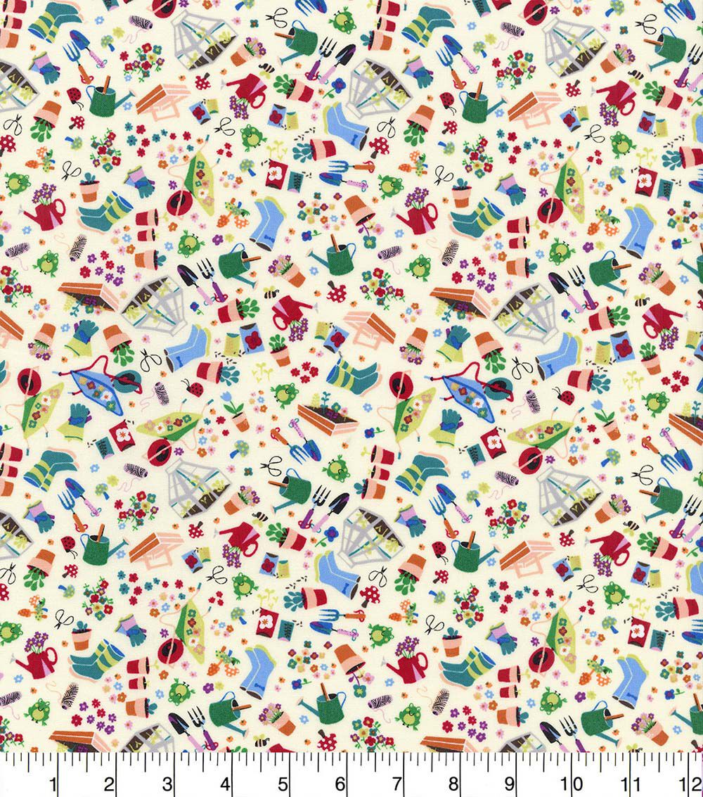 Hi Fashion Gardening Tools on White Novelty Cotton Fabric