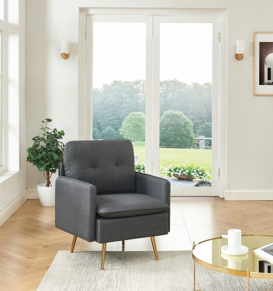 ADAM - Fauteuil  tissu anthracite avec piètement en métal doré