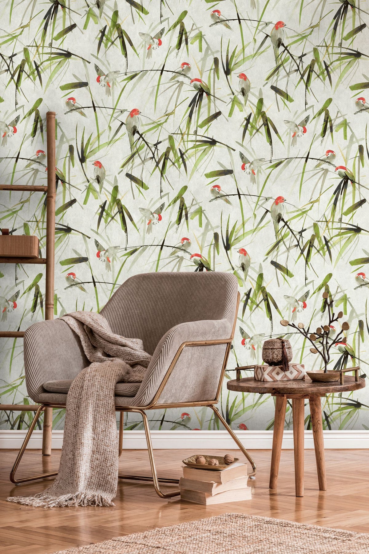 Livingwalls fotobehang vogels beige, groen, zwart en rood - 159 x 280 cm - AS-393121