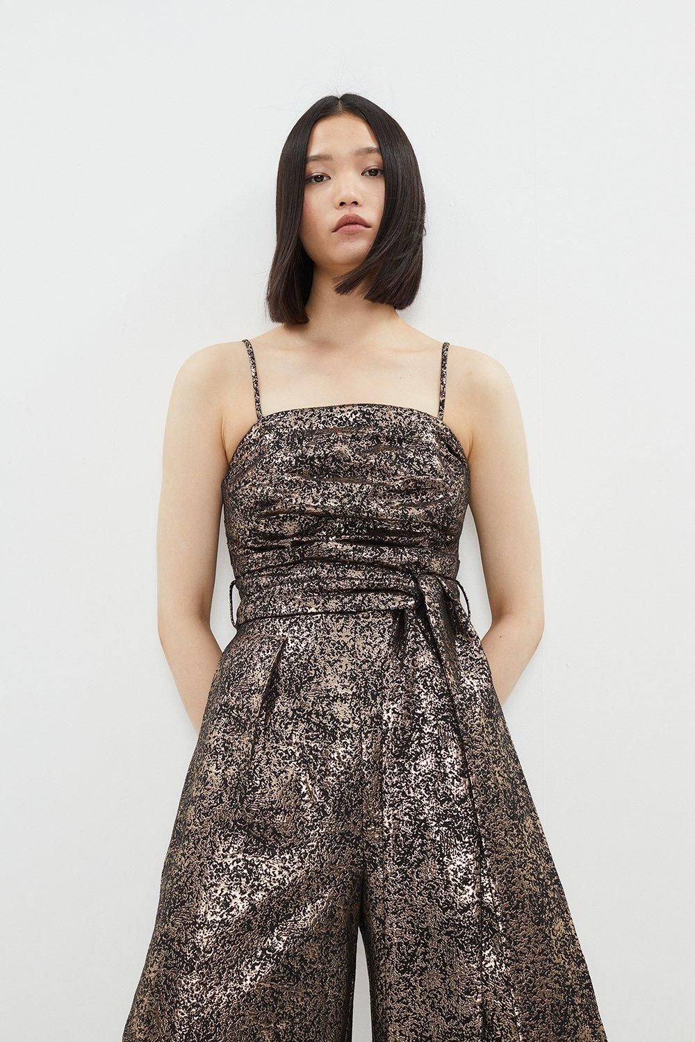 Coast Metallic Jacquard Pleat Bodice Wide Leg Jumpsuit