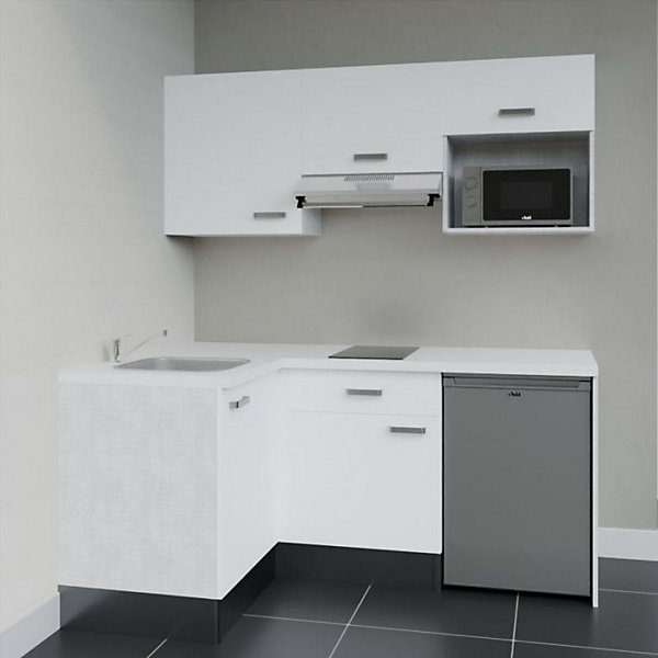 Kitchenette KA03 façades Blanc - Plan de travail Blanc - Crédences : Non - Evier inox - Electroménager Inox inclus