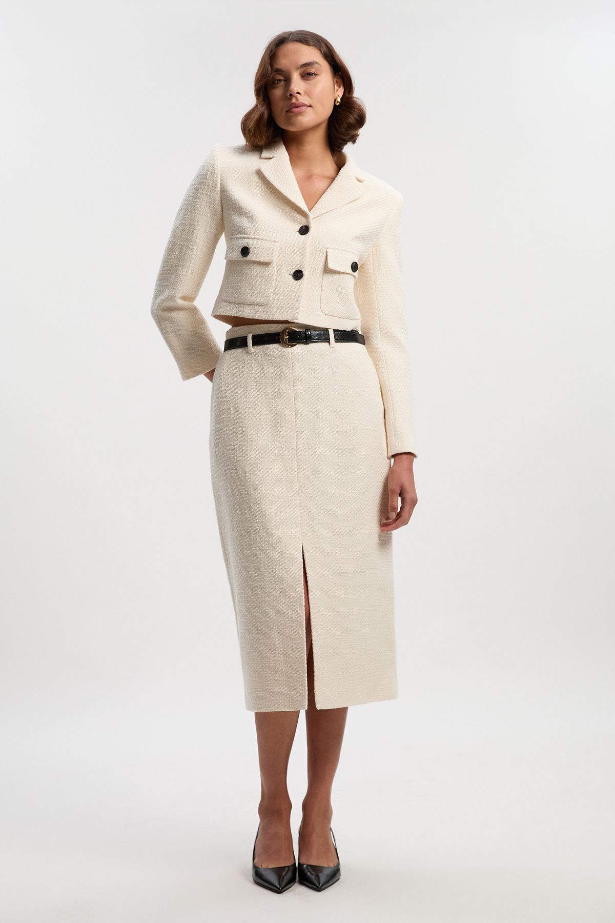 KarenMillen Textured Tweed Pocket Front Tailored Cropped Jacket