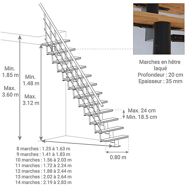 Escalier droit 9 marches - Hauteur à franchir 2.04 à 2.40m - Largeur 80cm - Structure blanche et marche hêtre - COMFO80/I/BB-9