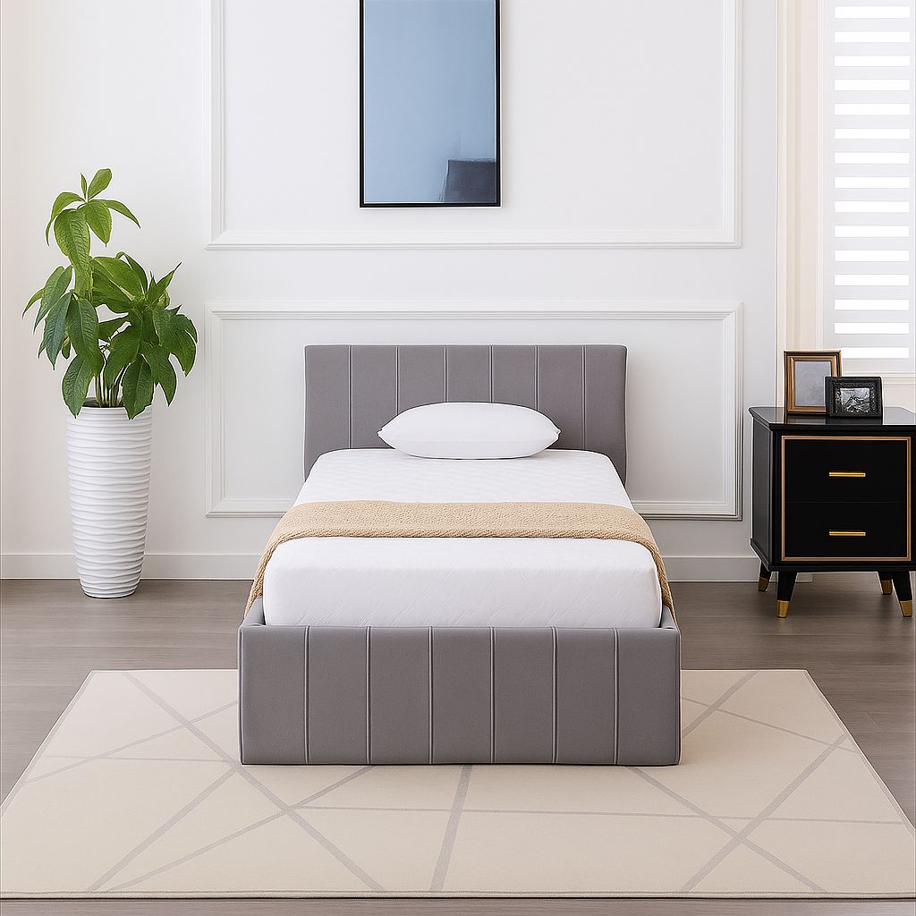 KOSY KOALA Ottoman Bed Gas Lift Storage Grey 3ft Single with 1 Mattress Line Pattern Velvet Bedroom