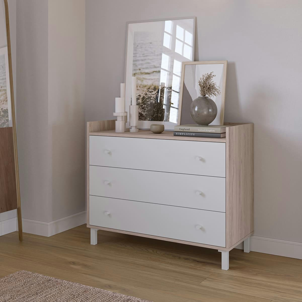 AURELIA - Commode 3 tiroirs blanc et effet bois 92 cm