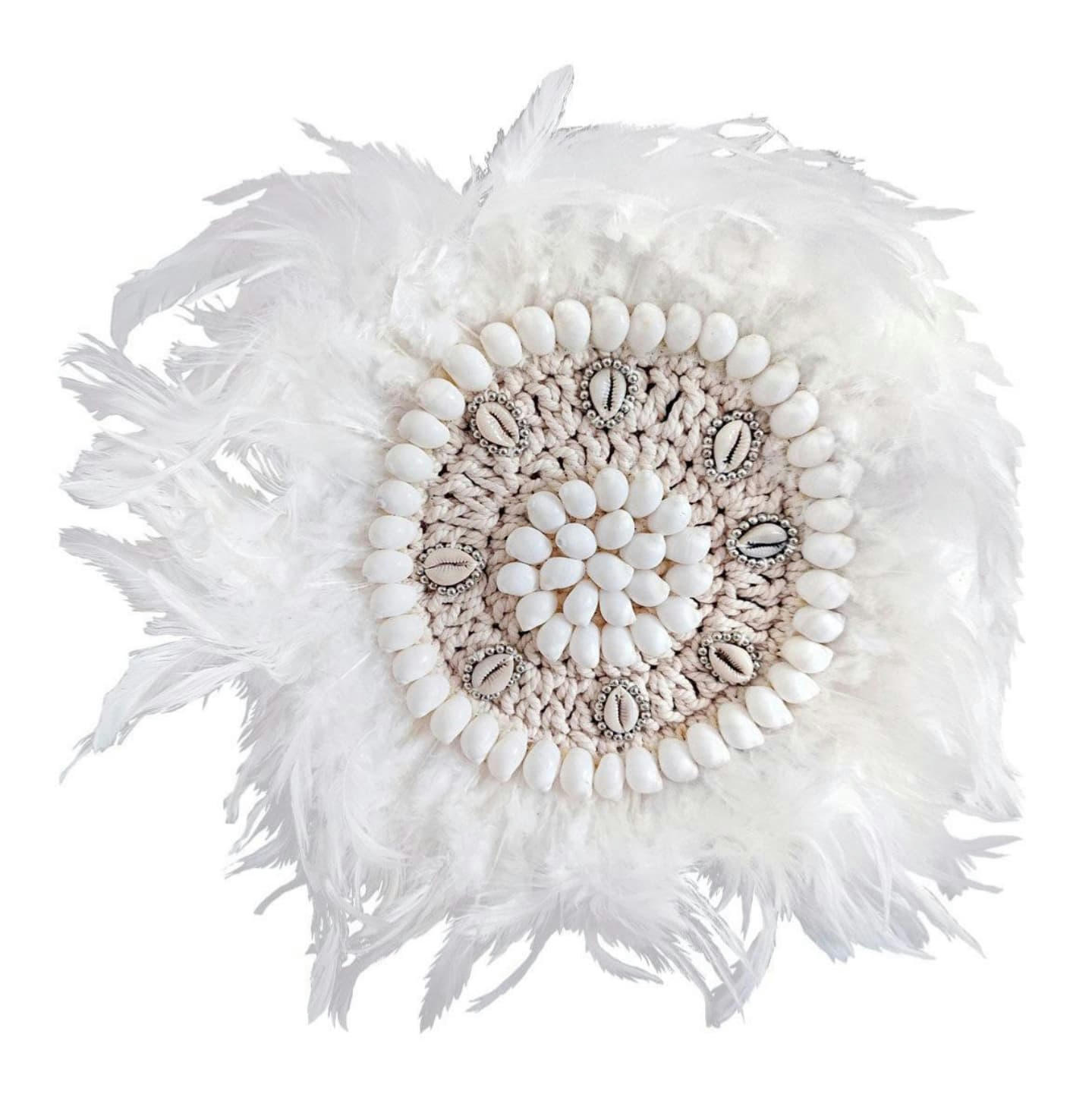 BALIRA - Décoration murale en plumes et coquillages, blanc D30 cm