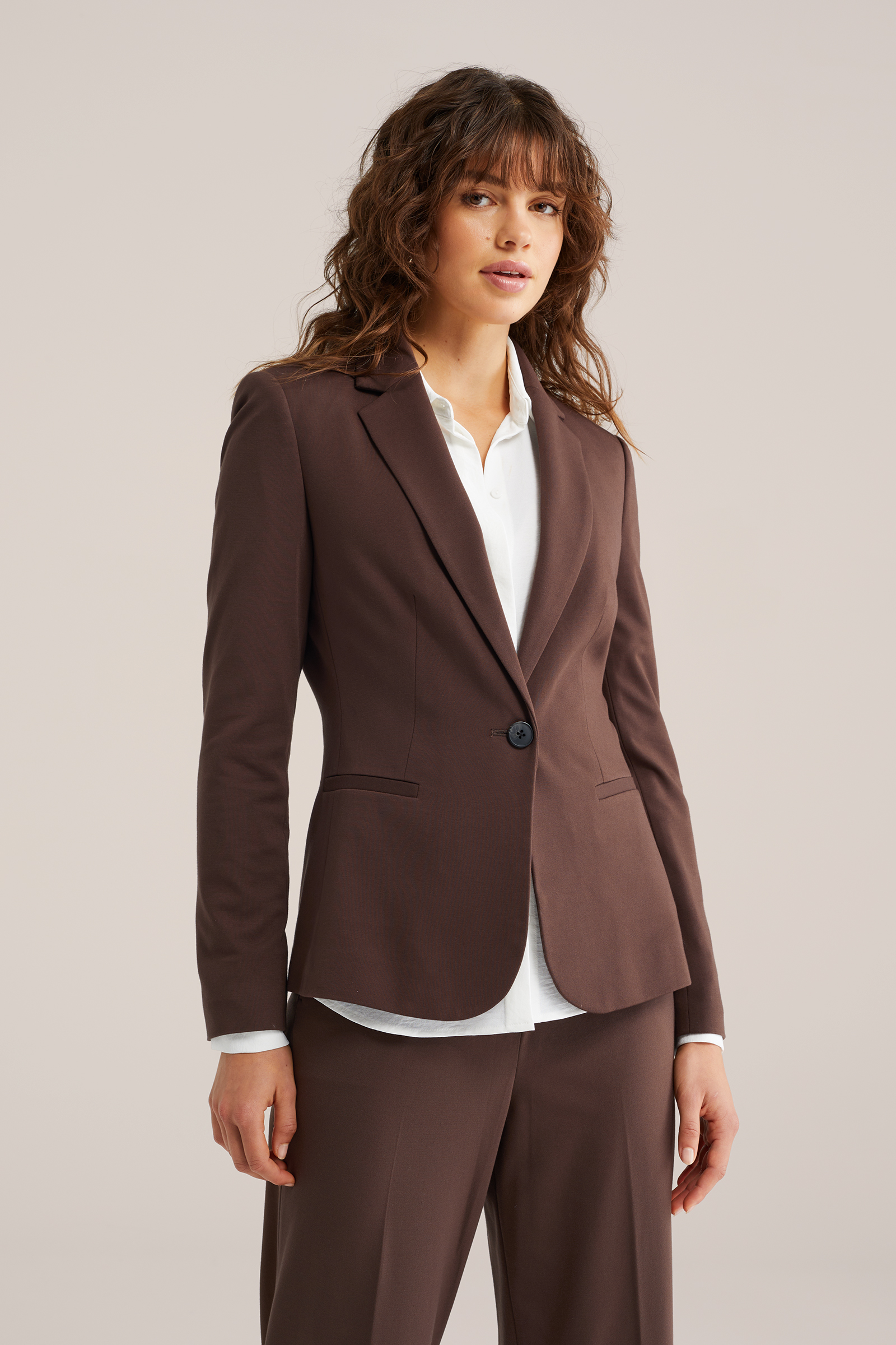 Dames Getailleerde jersey blazer en slim fit pantalon met strech