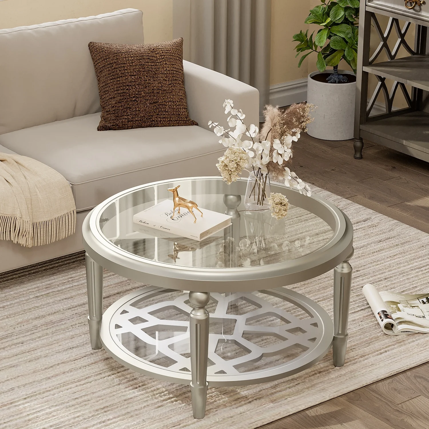 COSIEST Champagne Round Solid Wood Tempered Glass Coffee Table