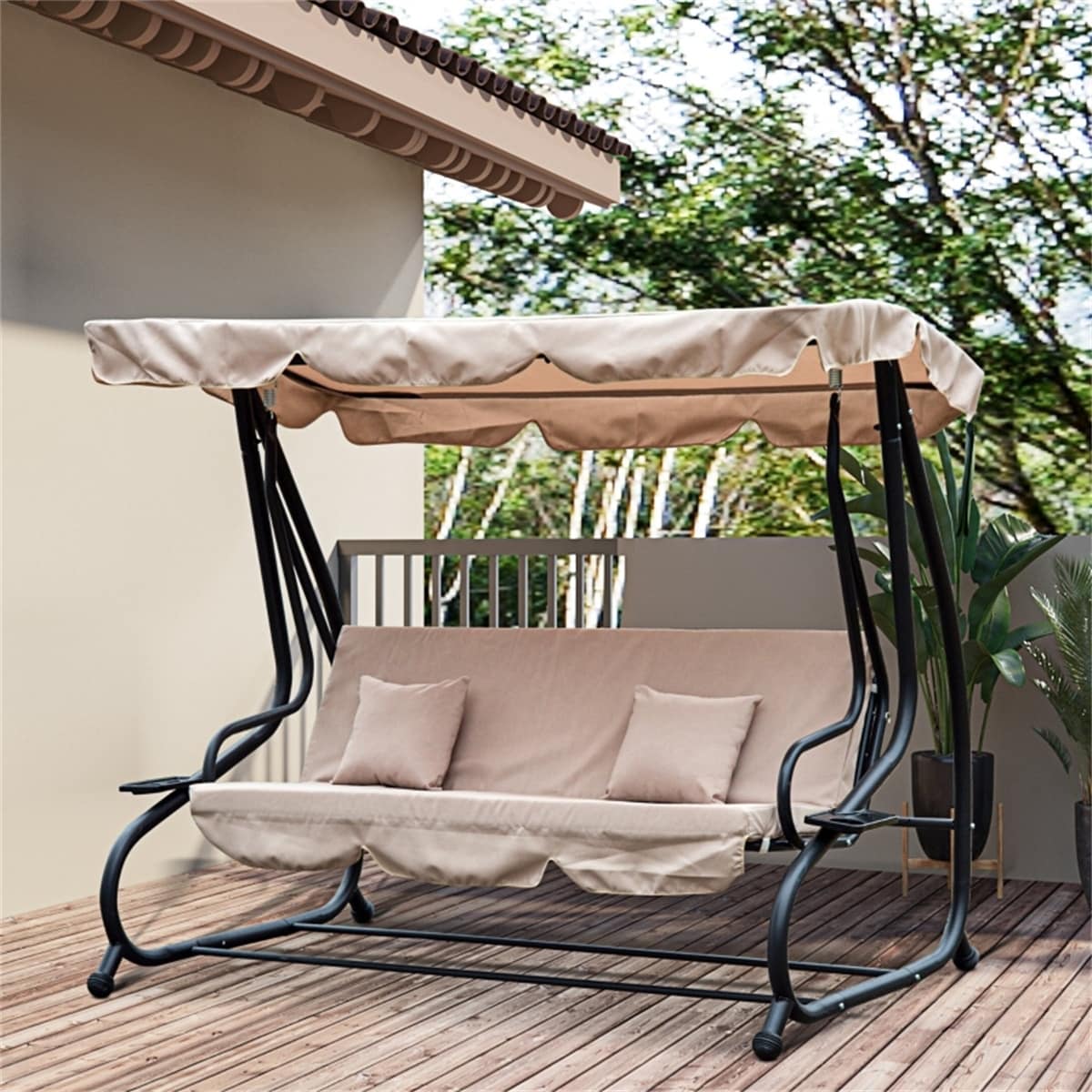 Convertible Patio Swing Bench with Steel Frame and Soft Cushions Pillows Canopy and Cup Holders - 78.75 L x 47.25 W x 64.5 H