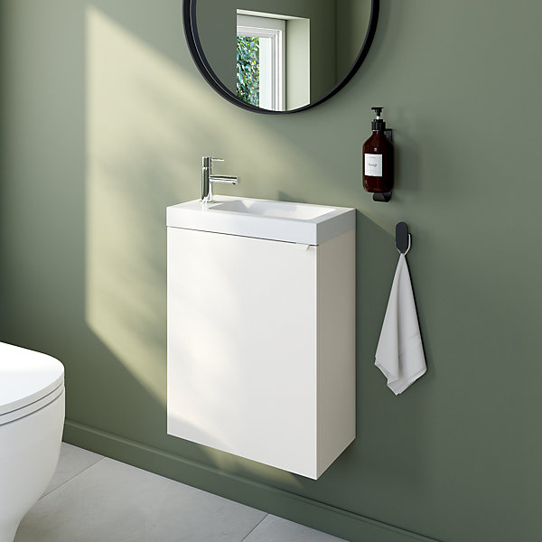 Meuble lave-mains suspendu blanc mat l.44 cm Imandra   plan vasque blanc céramique Nira, GoodHome