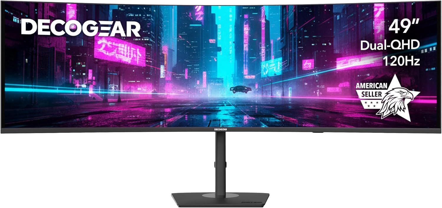 Deco Gear 49″ Curved Ultrawide Dual-QHD Monitor | 5120×1440 32:9 HDR400 | 120Hz VA Panel | USB-C 65W PD  FreeSync  PBP/PIP  KVM Switch | Built-in Speakers & Ergonomic Stand