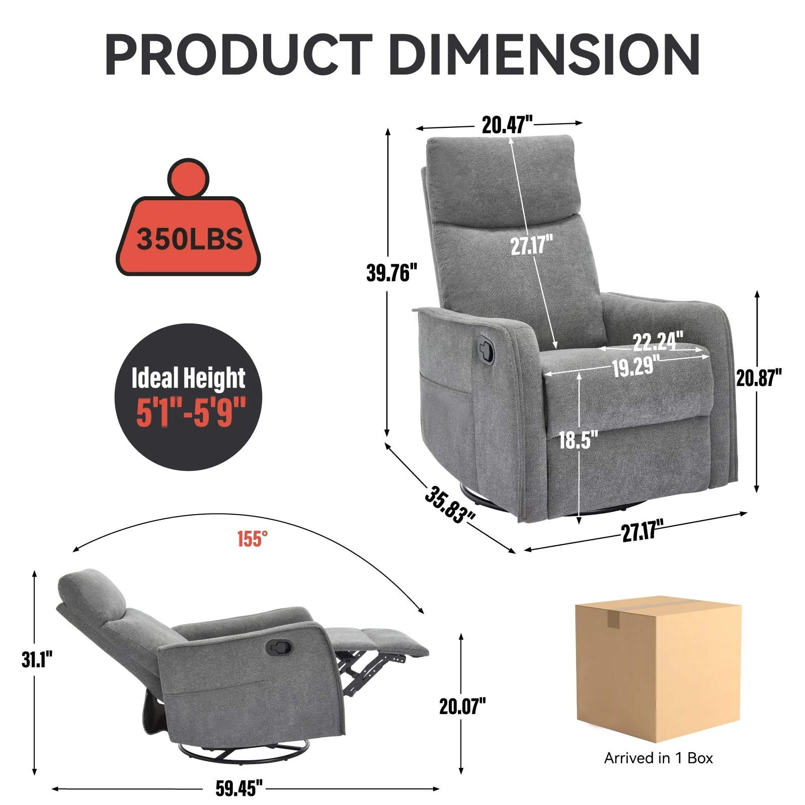 Fabric Recliner Chair with Heat, Massage, 360° Swivel Base, Adjustable Backrest, and Lumbar Support for Living Room Comfort