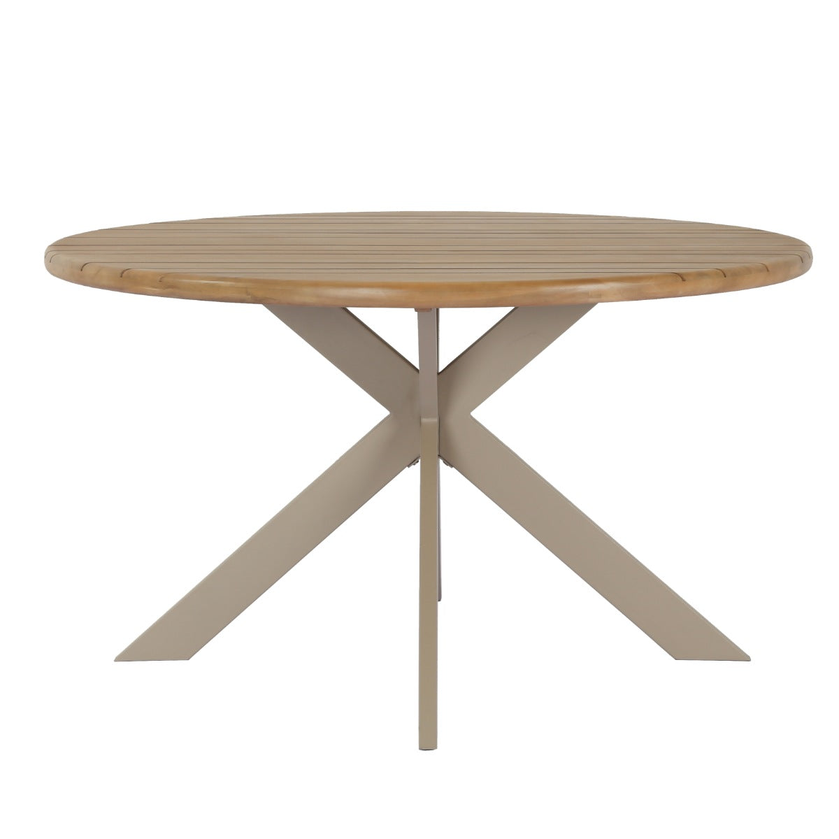 DÉJA Tuintafel Modena - Rond Ø135cm, 75cm Hoog, Naturel Acaciahout & Taupe Metaal - Duurzaam Design voor 2-4 Personen, Weerbestendig voor Buiten